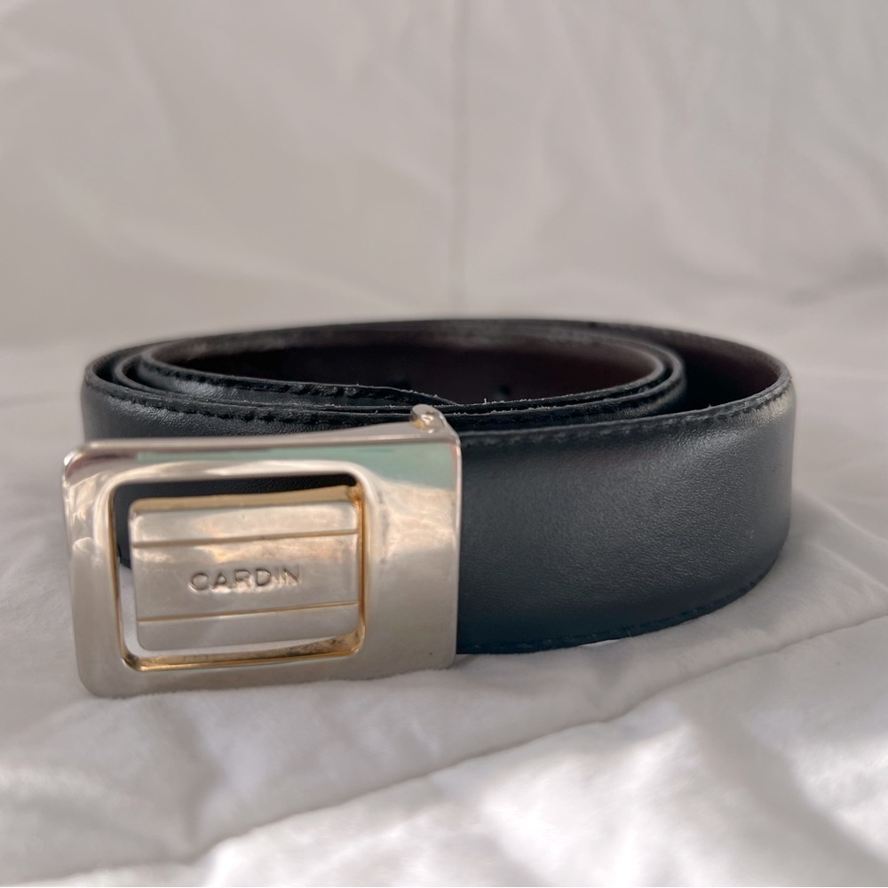 Pierre Cardin | Vintage Leather Belt with Logo on Buckle | Black & Silver